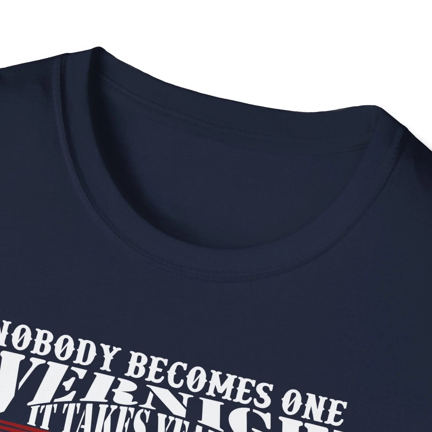 Close-up of the relaxed fit, heather navy unisex T-shirt’s smooth cotton blend fabric and subtle stitching details at the