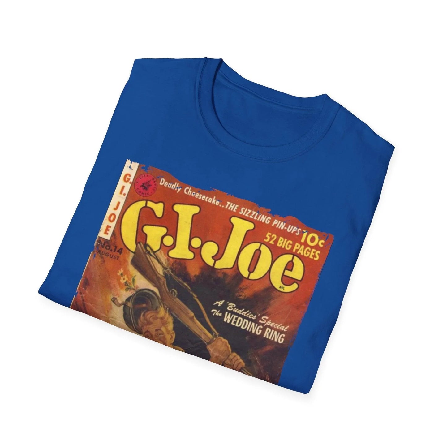 Close-up of the G.I. Joe No.14 unisex softstyle T-shirt's collar and stitching detail in vibrant red color, showcasing