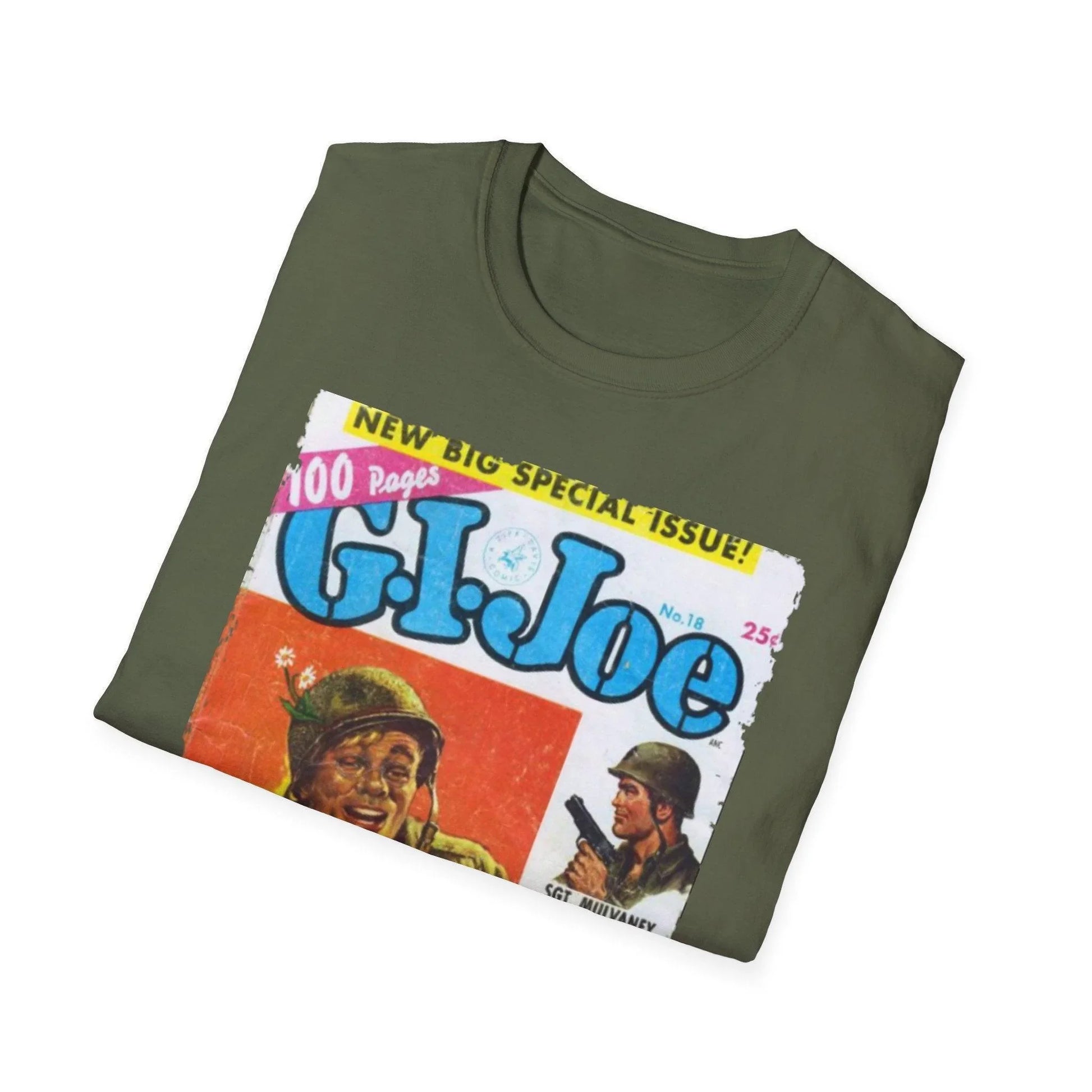 Close-up of the G.I. Joe No.18 softstyle T-shirt's neckline showing reinforced stitching and smooth fabric texture in vivid