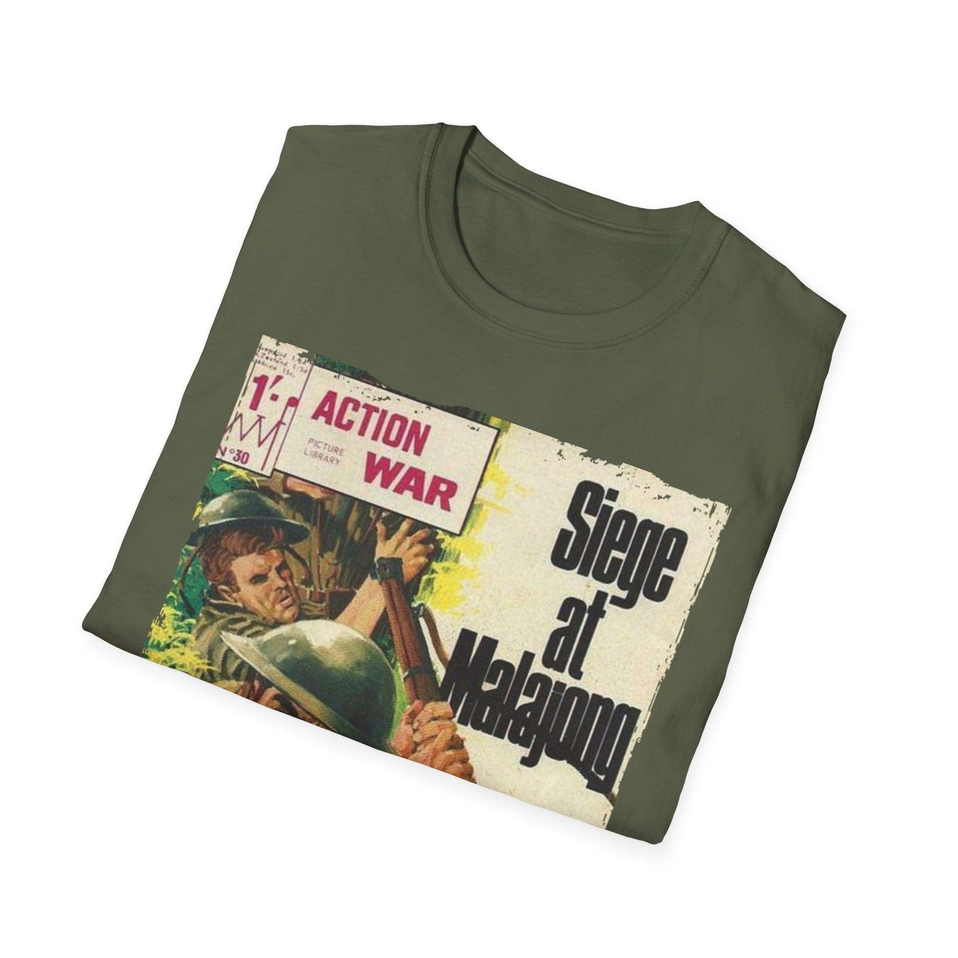 Close-up of the unisex softstyle T-shirt fabric showing the smooth, relaxed fit in vibrant navy color with subtle stitching