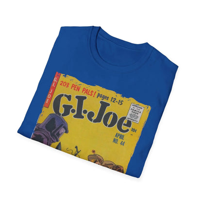 Close-up of the G.I. Joe No.44 softstyle T-shirt's relaxed fit neckline and subtle fabric texture in heather navy color