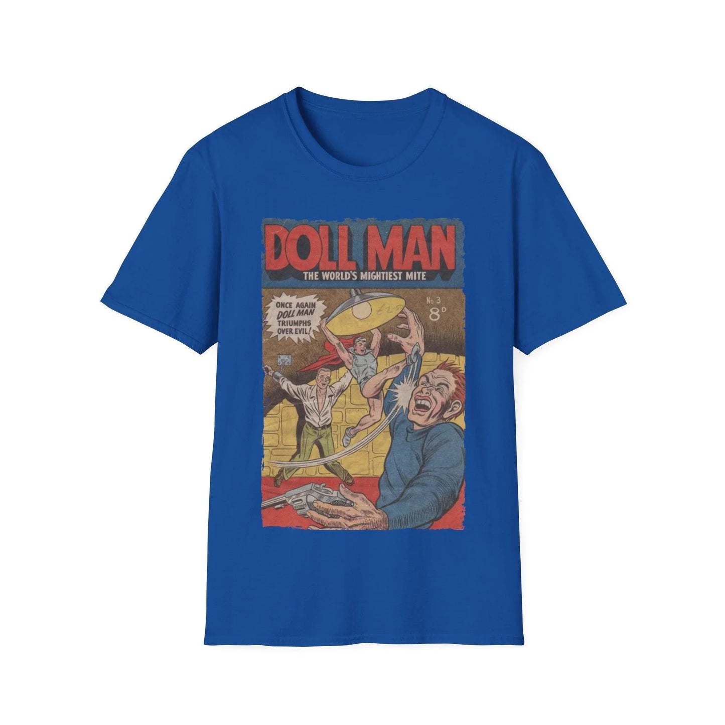 Close-up of the Doll Man No.3 unisex softstyle T-shirt's light gray fabric showing smooth texture and subtle stitching near