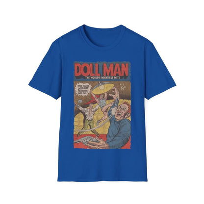 Close-up of the Doll Man No.3 unisex softstyle T-shirt's light gray fabric showing smooth texture and subtle stitching near