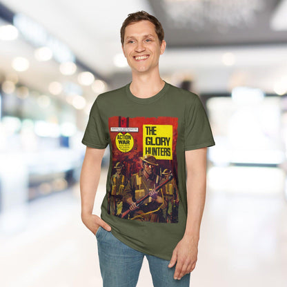 Close-up of the unisex relaxed fit T-shirt's sewn collar and stitched shoulder seam in heather navy fabric on a flat lay.