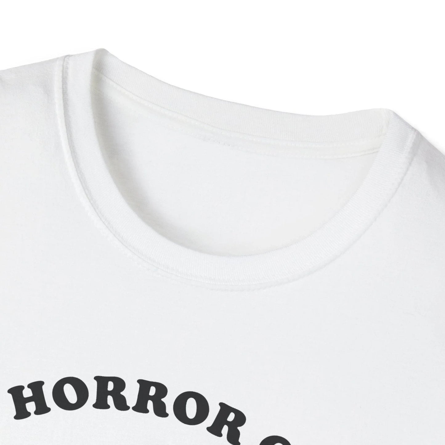 Close-up of the Cosmic Horror Cuteness T-Shirt's vibrant front graphic showcased on the chest area, highlighting detailed