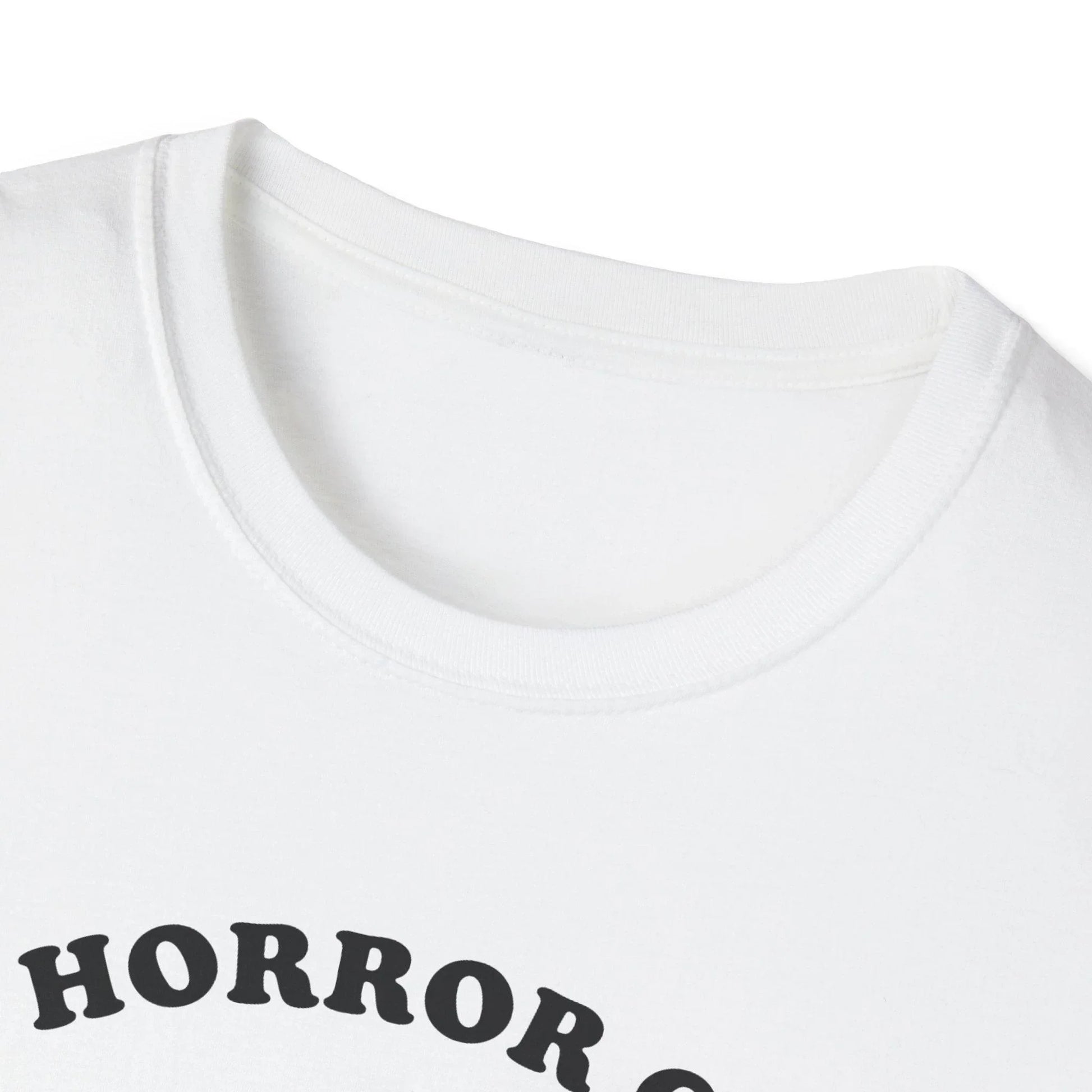 Close-up of the Cosmic Horror Cuteness T-Shirt's vibrant front graphic showcased on the chest area, highlighting detailed