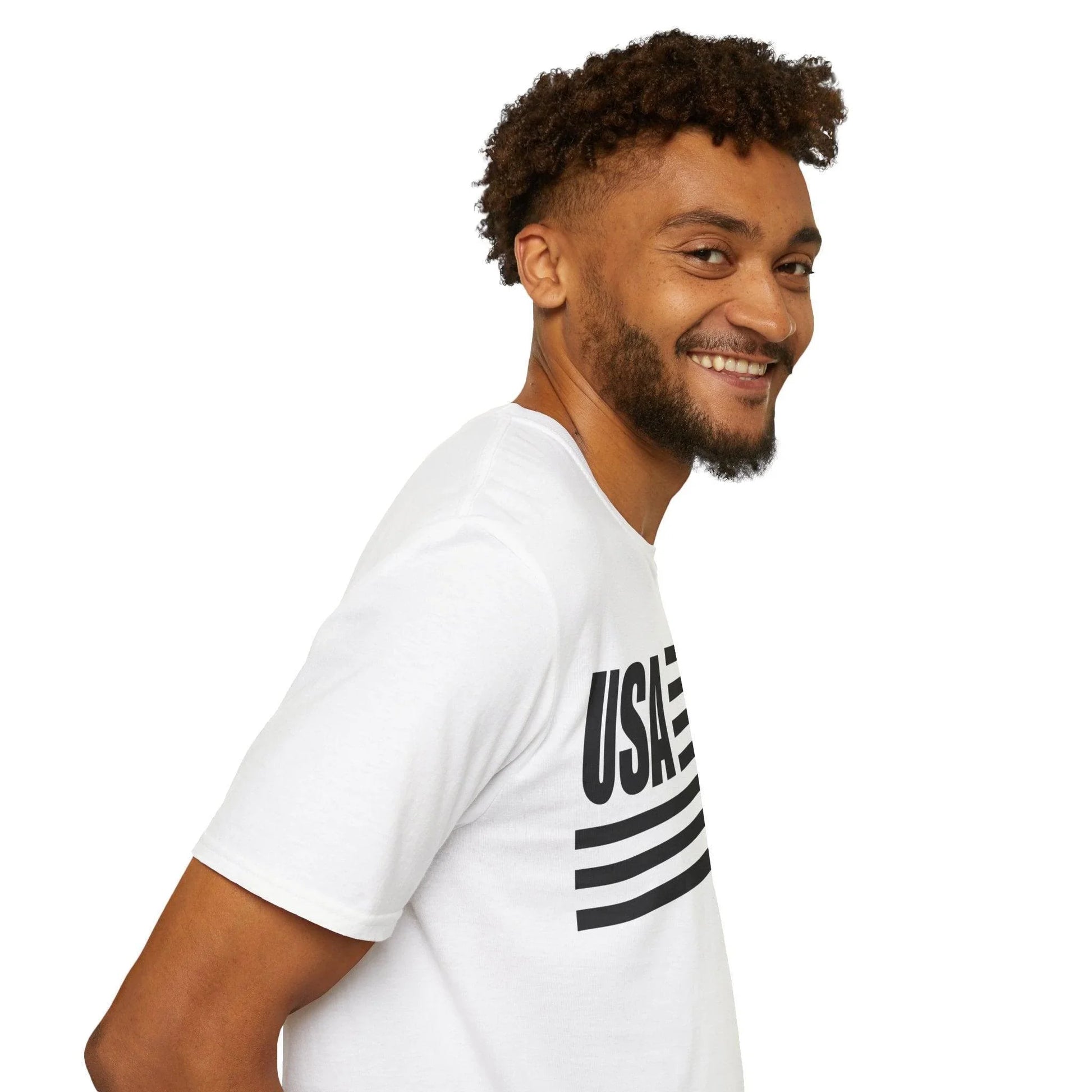 Close-up of the white fabric with black American flag print, showcasing the soft cotton texture and detailed star pattern on