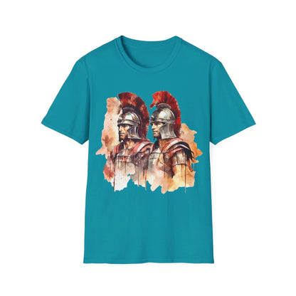 Close-up of the printed ancient warrior design on the chest area of the unisex softstyle T-shirt in deep forest green