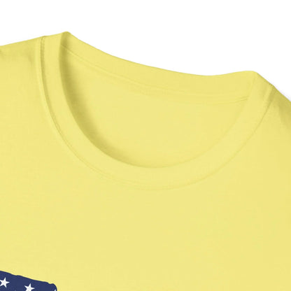 Close-up of the American flag guns graphic on the unisex softstyle T-shirt showcasing vibrant colors and detailed print from