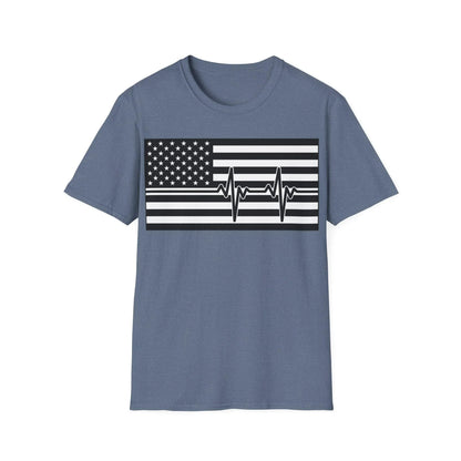 Close-up of the American Flag Heartbeat design in black and white on the soft cotton fabric, highlighting the detailed