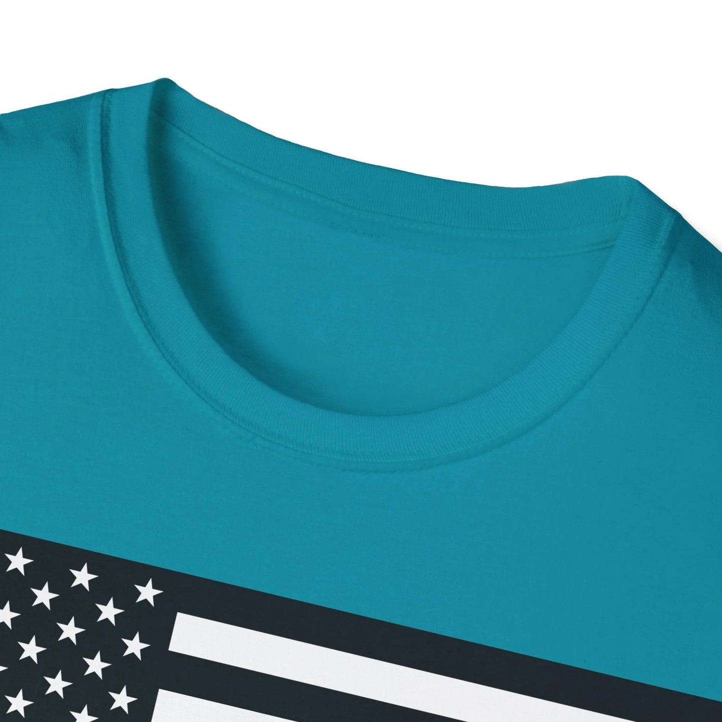 Close-up of the black and white heartbeat American flag graphic centered on the chest area of the unisex softstyle T-shirt’s