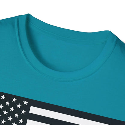 Close-up of the black and white heartbeat American flag graphic centered on the chest area of the unisex softstyle T-shirt’s