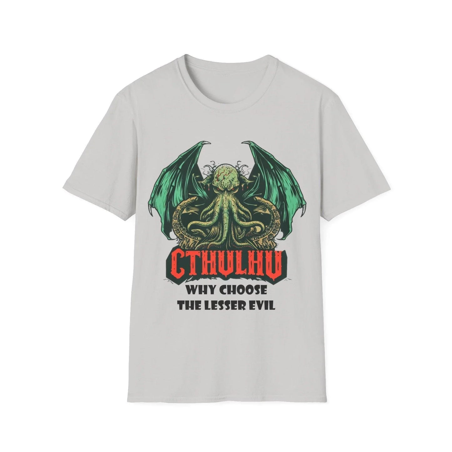 Close-up of the soft, light blue fabric displaying the subtle Cthulhu logo embroidery on the chest near the neckline.