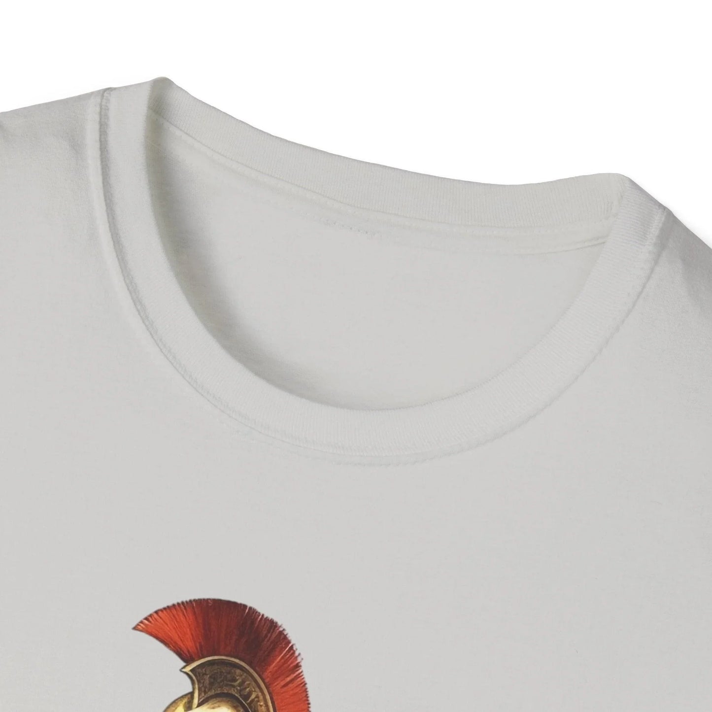 Close-up of the rugged ancient warrior illustration on the chest print of the unisex softstyle T-shirt in deep charcoal