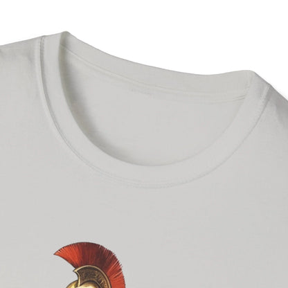 Close-up of the rugged ancient warrior illustration on the chest print of the unisex softstyle T-shirt in deep charcoal