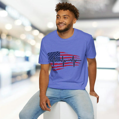 Close-up of the distressed American flag heartbeat print on the unisex soft navy T-shirt, highlighting textured design and