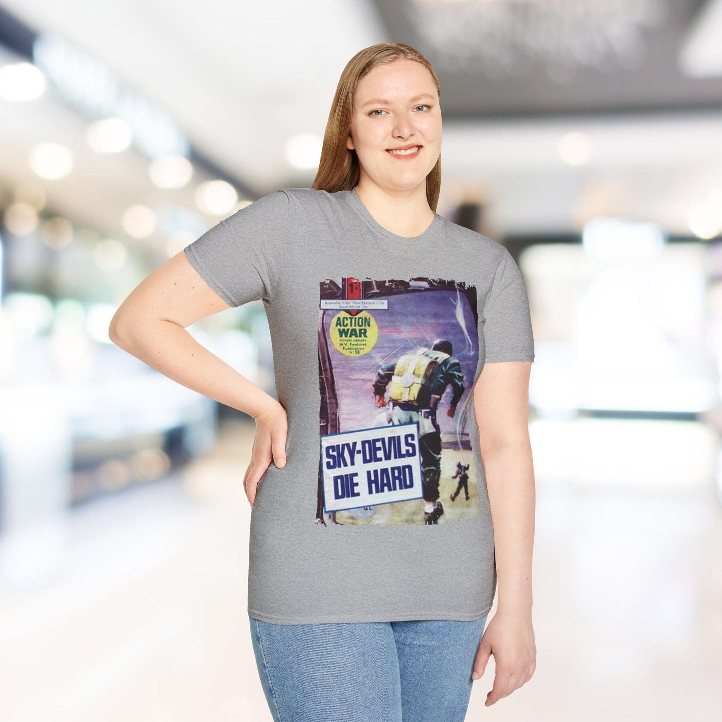 Close-up of the unisex softstyle T-shirt's collar showing double-stitched neckline and smooth fabric texture in charcoal