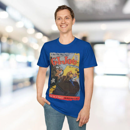 Close-up of the G.I. Joe No.47 unisex softstyle T-shirt's navy fabric displaying subtle heather texture and reinforced