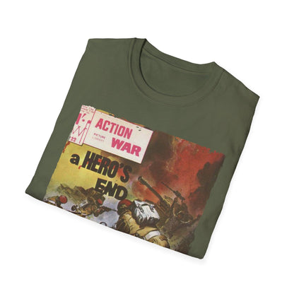 Detail of the unisex softstyle T-shirt’s collar stitching in charcoal gray, highlighting the smooth neckline and durable