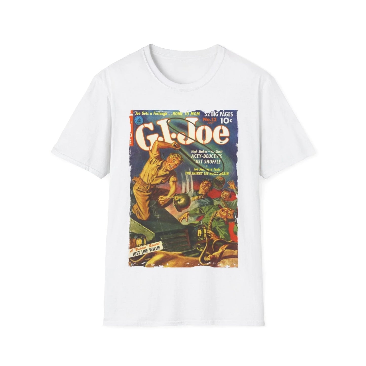 Close-up of the G.I. Joe No.13 July unisex softstyle t-shirt's lightweight cotton fabric, showcasing its relaxed fit and