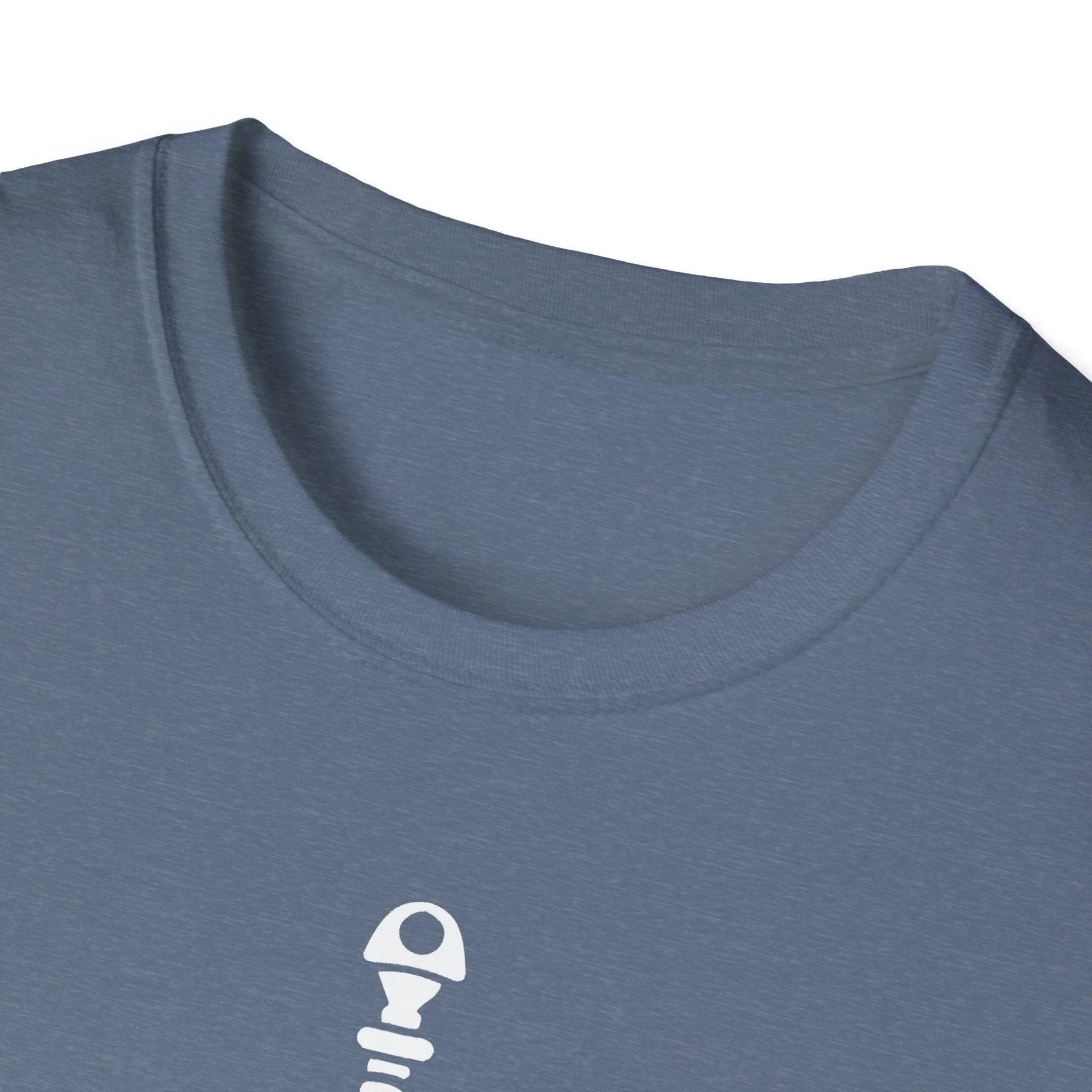 Close-up of white fabric with subtle softstyle texture, highlighting the smooth, relaxed fit and crew neckline of the Dice