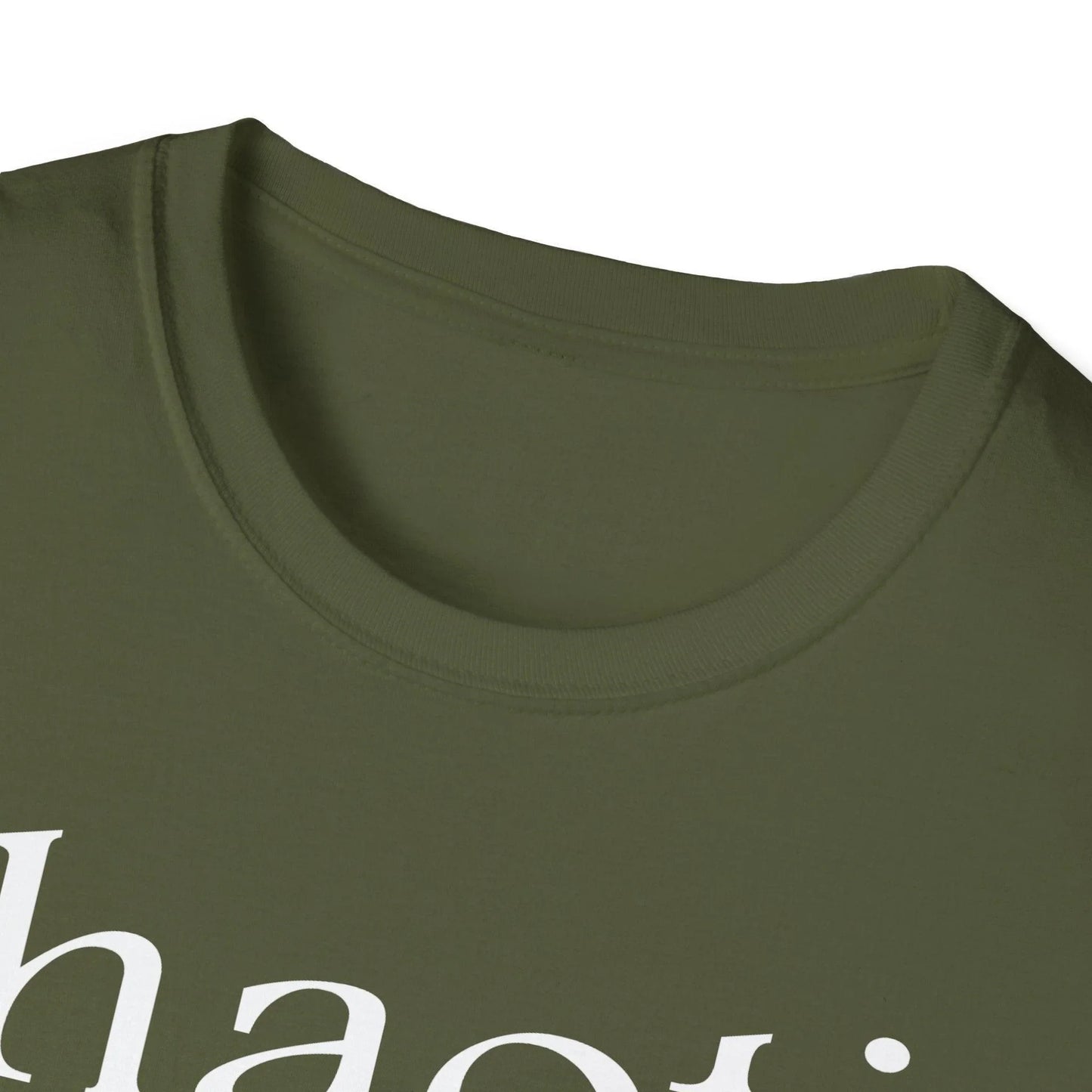 Close-up of the white unisex softstyle T-shirt fabric highlighting its smooth cotton-blend texture and subtle stitch details