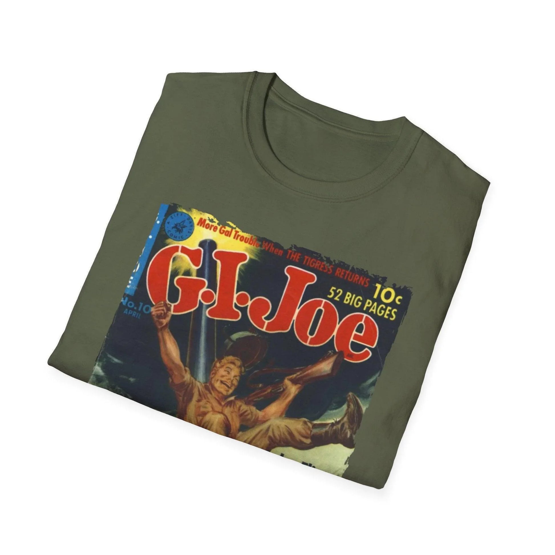 Close-up of the G.I. Joe No.10 Apr T-shirt fabric highlighting soft cotton blend, round neckline, and relaxed fit from a