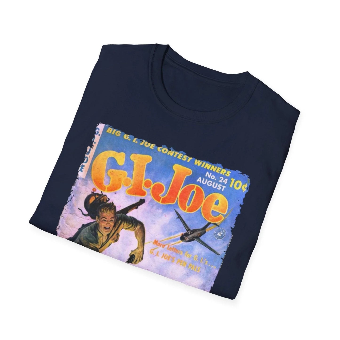 Close-up of the G.I. Joe No.24 T-shirt’s navy-colored, soft cotton fabric highlighting the smooth, relaxed fit around the