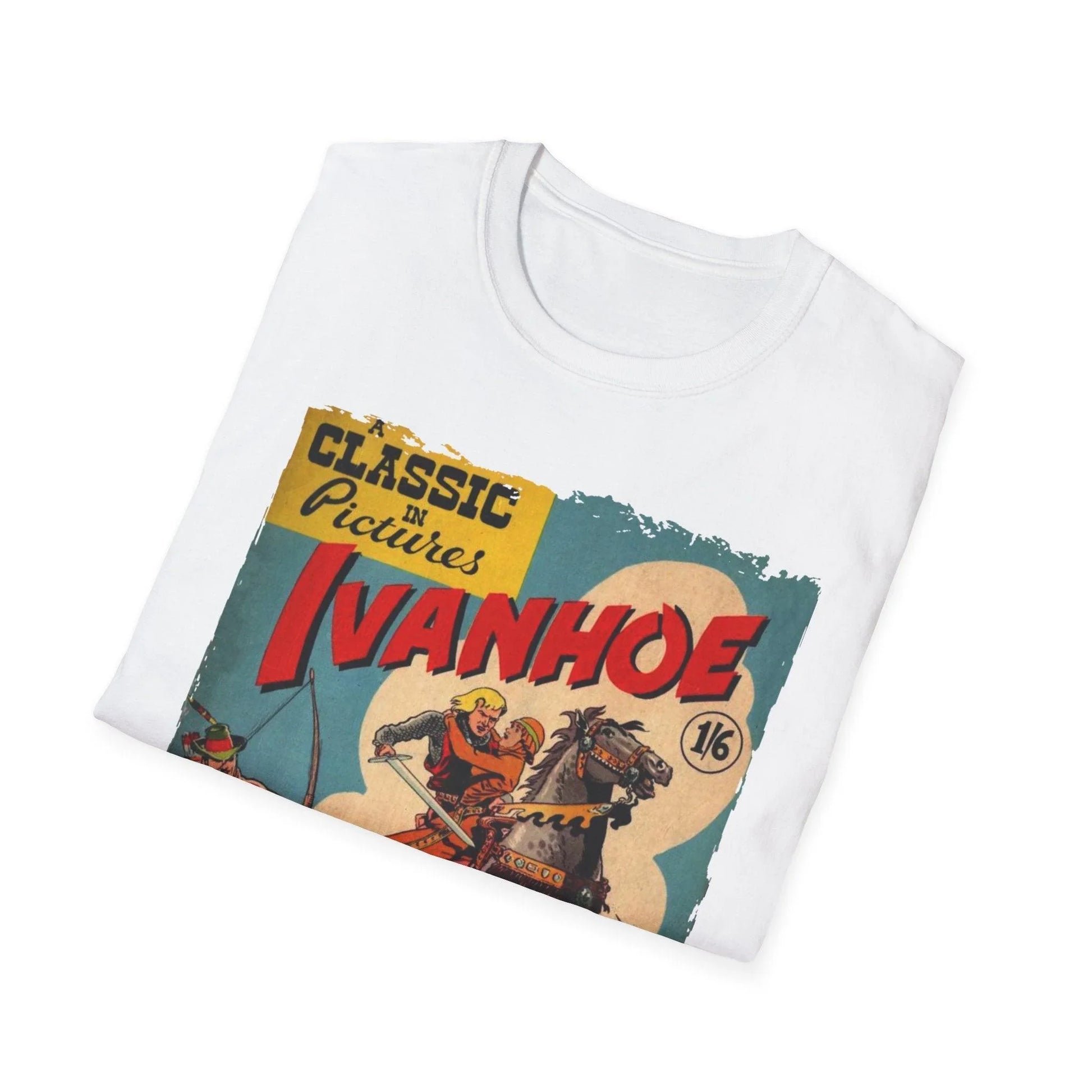 Close-up of the soft cotton fabric and reinforced double-stitched hem at the bottom edge of the Ivanhoe 1949 unisex T-shirt