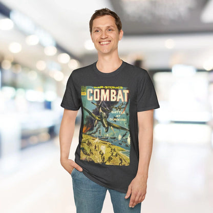 Detail of the Combat March 1965 T-shirt's relaxed fit, showing the soft cotton fabric texture and front neckline stitching