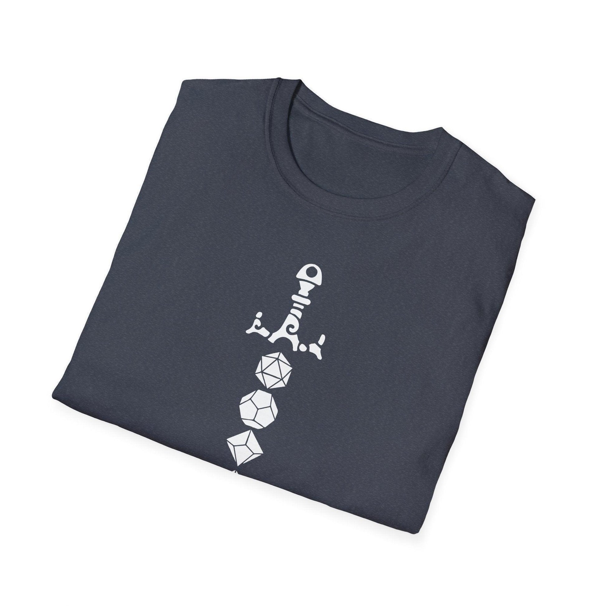 Front neckline detail highlighting the white cotton fabric and relaxed fit of the Dice Sword White unisex T-shirt.