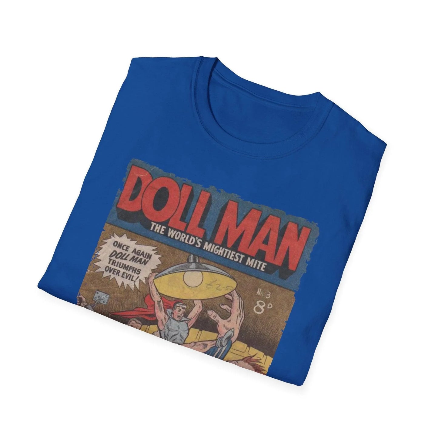 Close-up of the Doll Man No.3 softstyle T-shirt collar showing neat double-stitched crew neckline in vibrant red color with