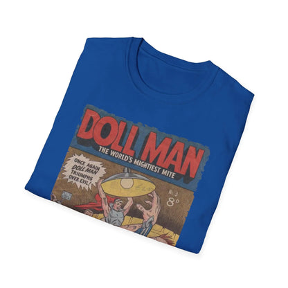 Close-up of the Doll Man No.3 softstyle T-shirt collar showing neat double-stitched crew neckline in vibrant red color with