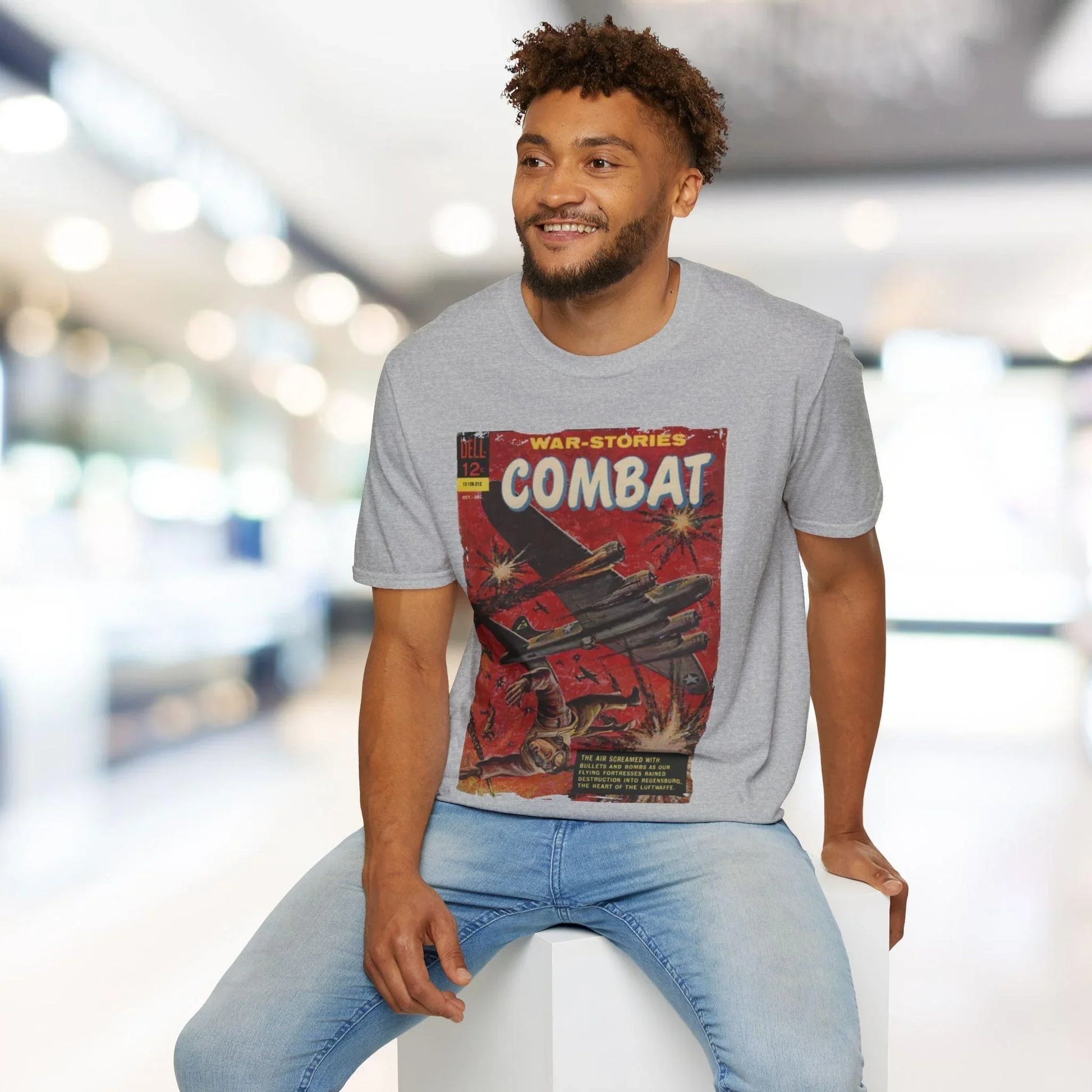 Close-up of the Combat Dec 1962 unisex T-shirt neckline showing double-stitched seams and soft cotton fabric in slate gray