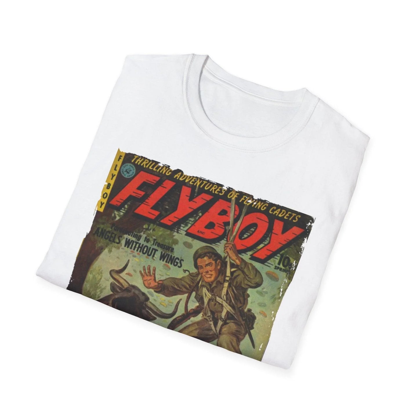 Close-up of the Flyboy No.1 T-shirt's smooth cotton fabric, showcasing the relaxed fit collar and subtle stitching details