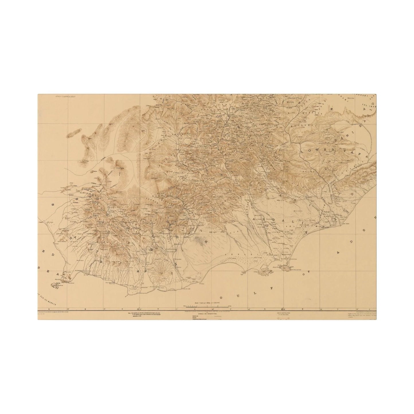 Close-up of the detailed map section highlighting Arabian Peninsula borders and 1914 territorial markers on canvas print.