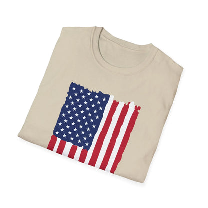 Close-up of distressed vertical American flag design on soft cotton fabric, highlighting faded colors and rugged texture.