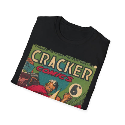 Close-up of the Cracker 1943 T-shirt fabric showing smooth, relaxed fit in heather charcoal with crew neckline and short