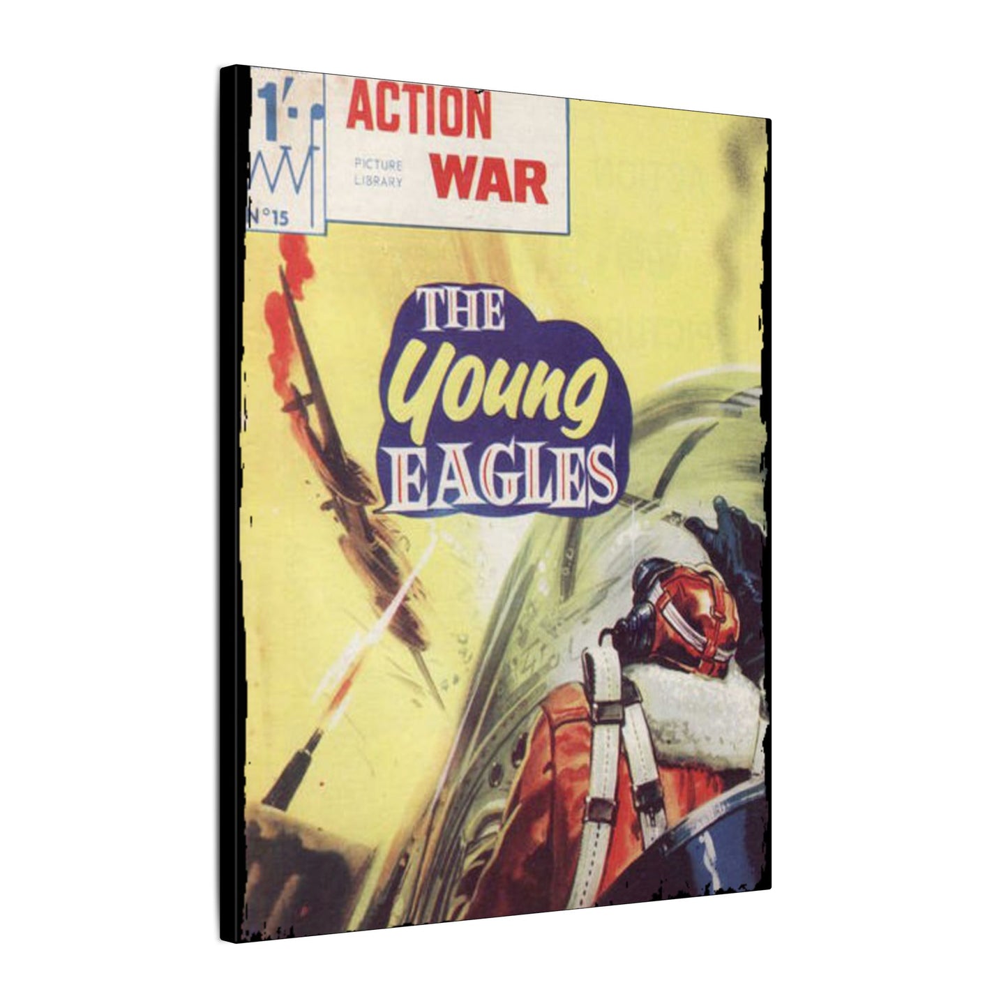 Close-up of the Canvas texture and detailed stitching on the cover of Action War #15 comic book, showing vibrant ink colors