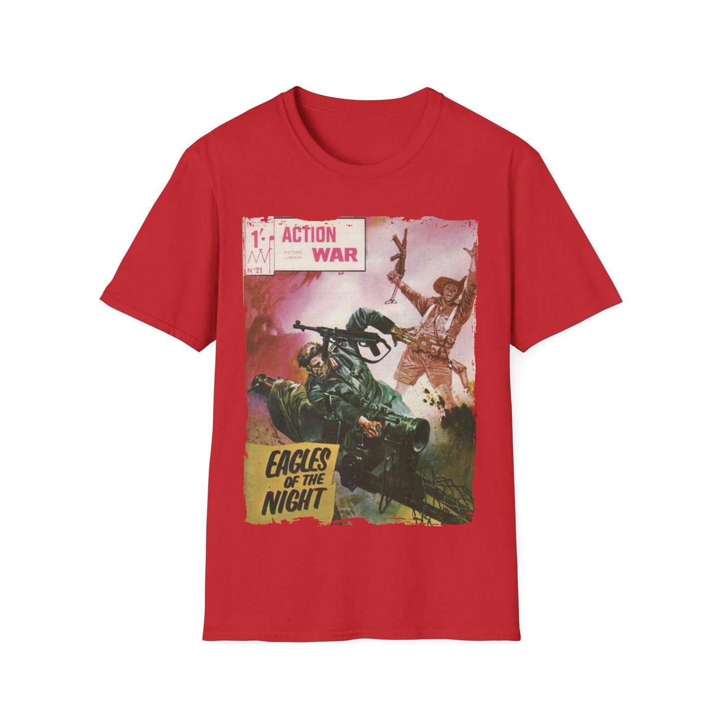 Close-up of the unisex softstyle T-shirt’s sewn neckline with reinforced stitching in vibrant navy color