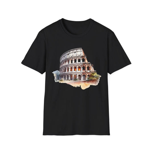 Ancient Bldg 1 unisex softstyle cotton crew neck T-shirt in black with regular fit and printed design by Printify