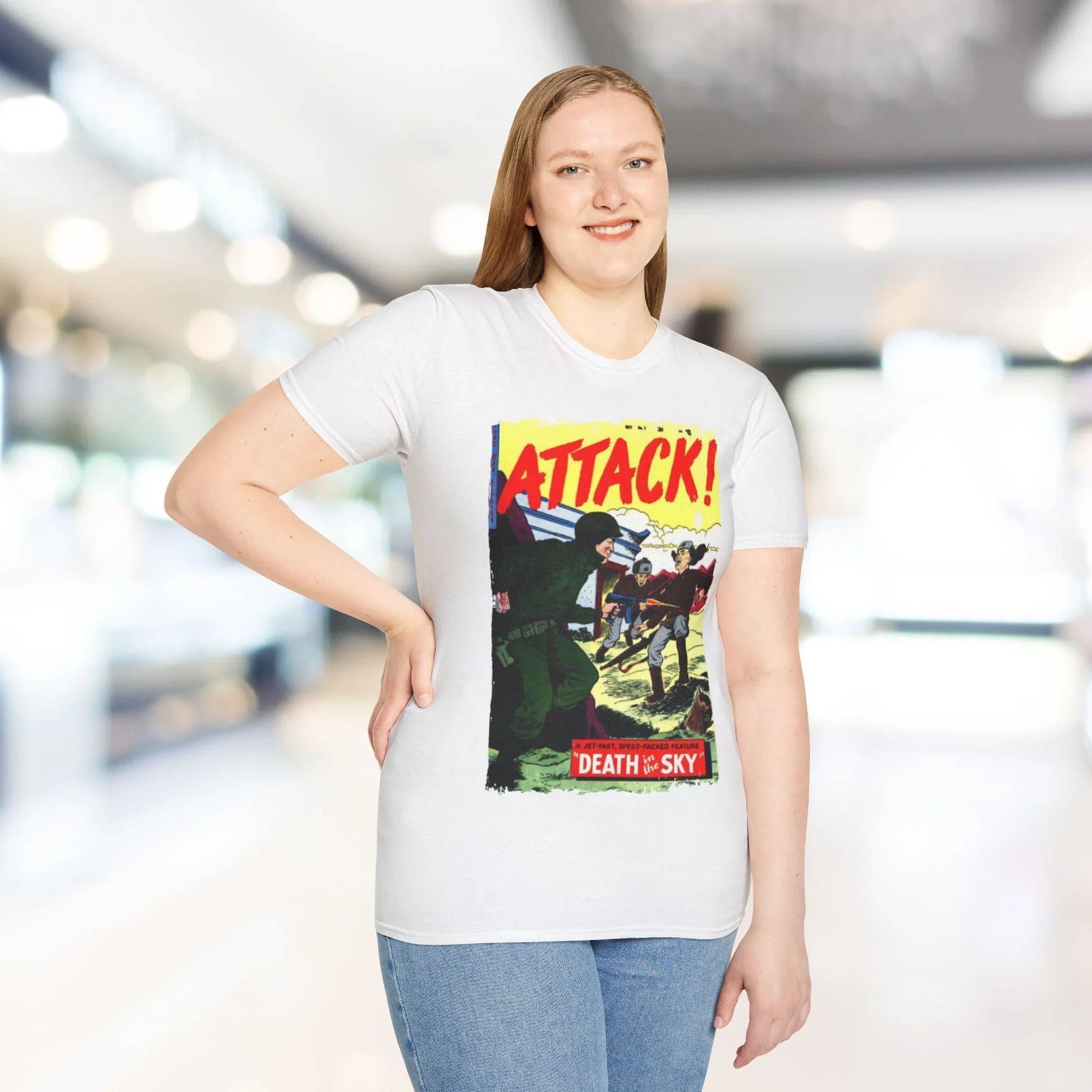 Rear neckline detail highlighting the stitched label and soft heather gray fabric of the Attack! No. 7 unisex T-shirt with