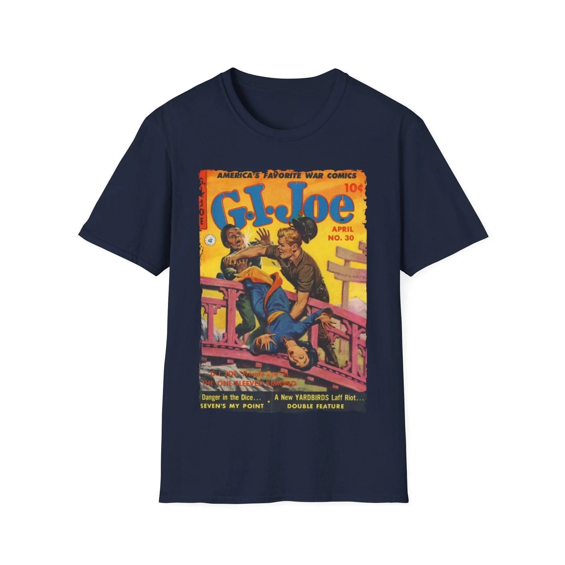 Close-up of the G.I. Joe No.30 softstyle T-shirt's comfortable crew neckline and ribbed collar detail in vibrant navy color.