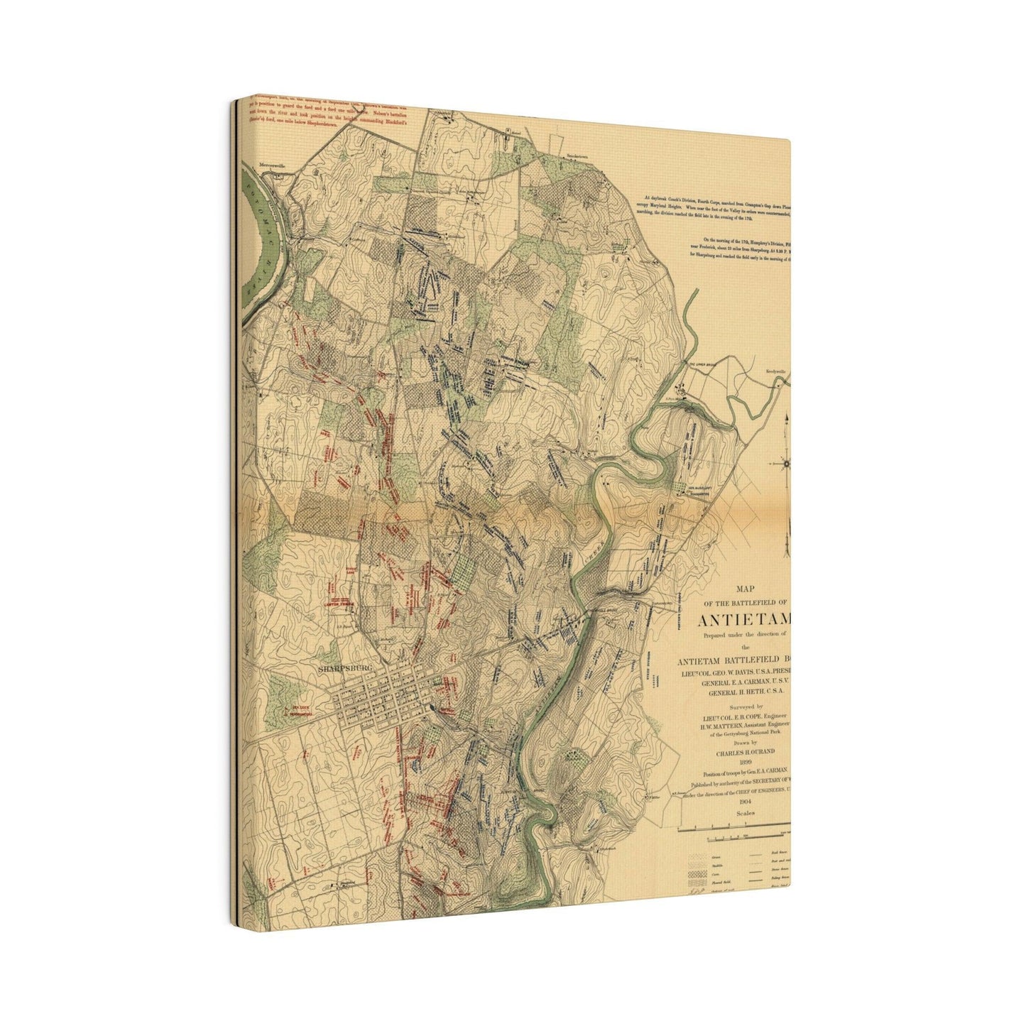 Close-up of textured canvas surface highlighting subtle brushstroke details and vintage hues of the Antietam Battlefield