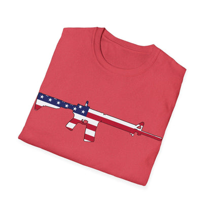 Close-up of the AR American Flag Color unisex T-shirt's vibrant printed fabric showcasing detailed star and stripe design at