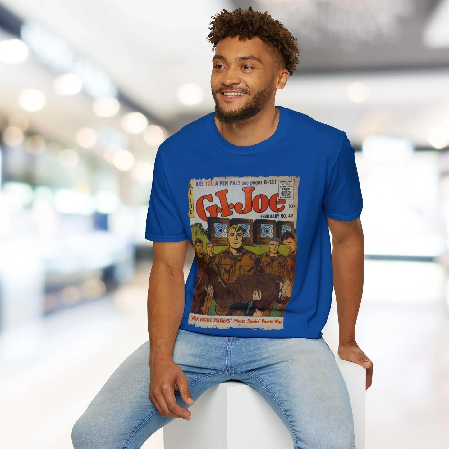 Close-up of the G.I. Joe No.49 T-shirt’s navy blue fabric showcasing smooth, lightweight cotton with subtle stitching detail