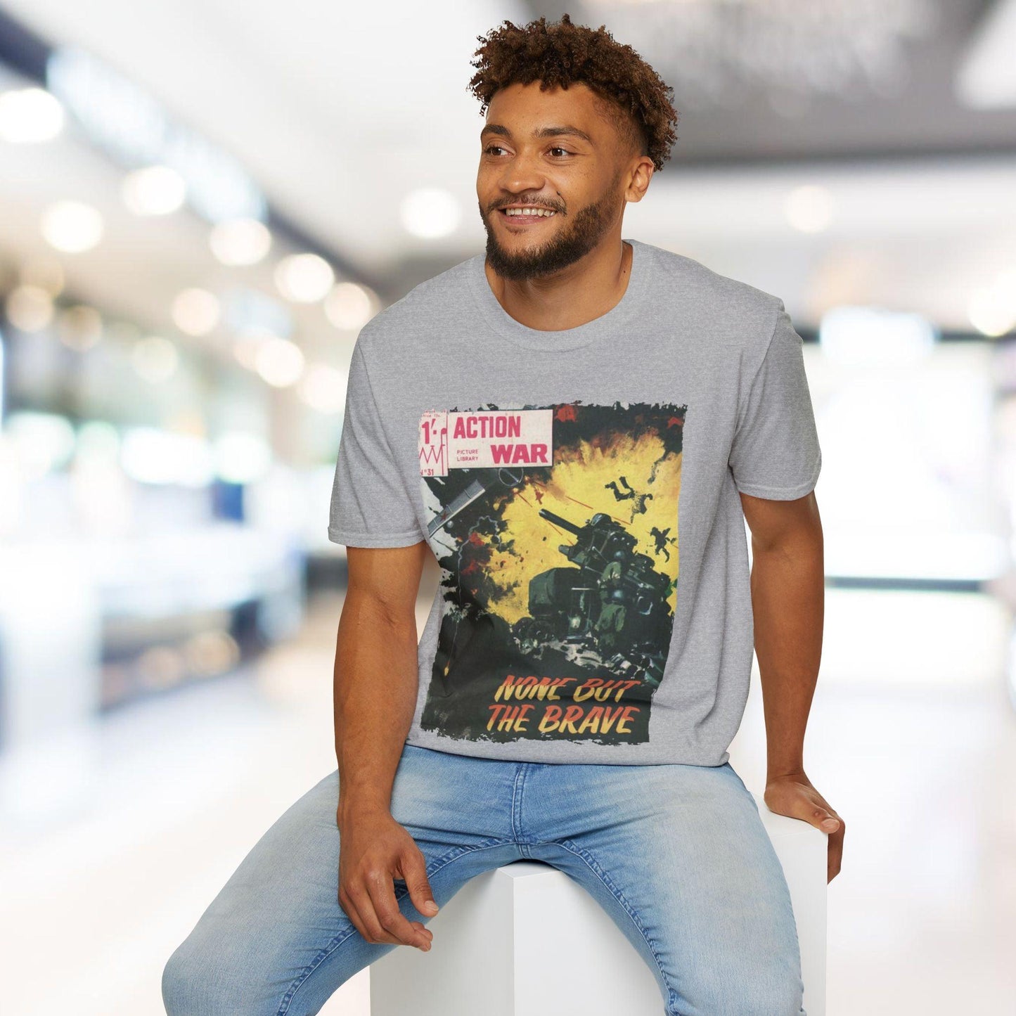 Close-up of the unisex softstyle fabric showcasing the heather gray color and relaxed fit, with visible stitching along the