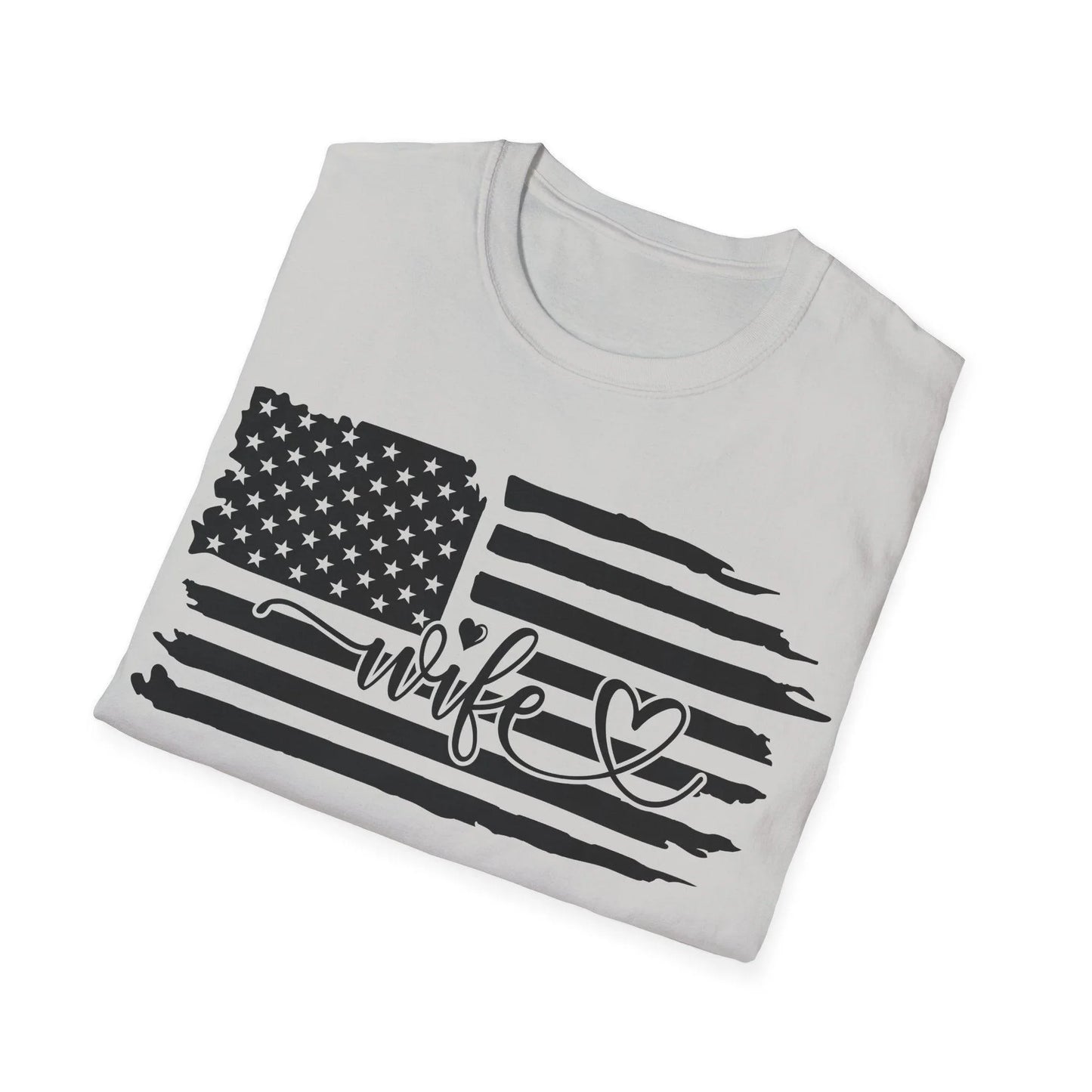 Close-up of distressed black and white American flag graphic on soft cotton fabric at chest level, highlighting vintage