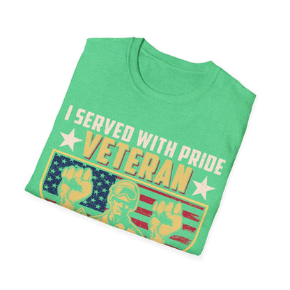 Close-up of the unisex softstyle T-shirt’s chest tag, showcasing the "I Served With Pride" embroidered logo on relaxed-fit