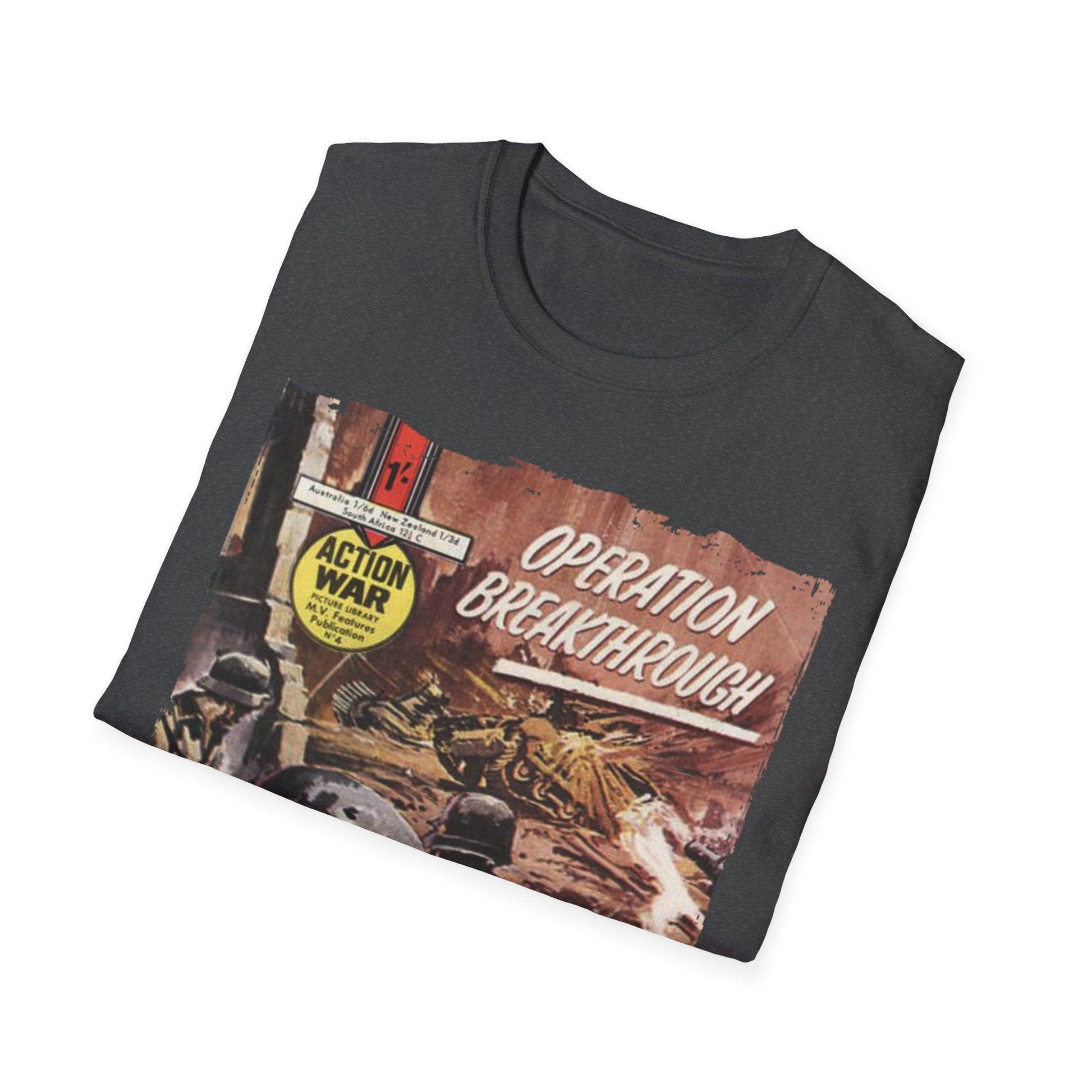 Close-up of the unisex softstyle fabric weave showing smooth black cotton with subtle texture and reinforced stitching at